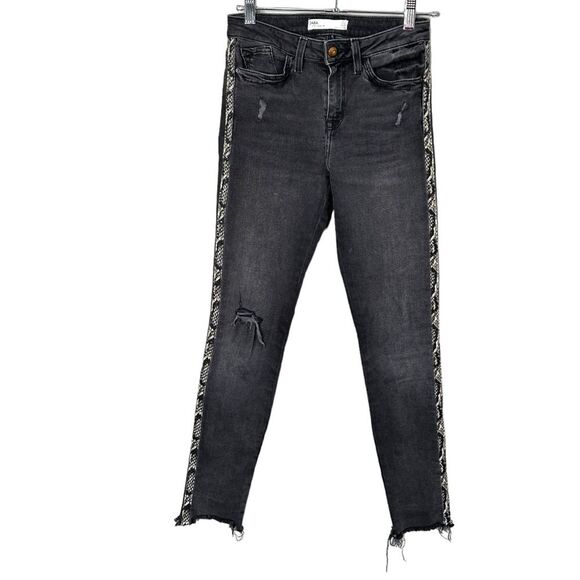 Zara 1975 denim black ripped jeans faux snakeskin side accents size 2 - Picture 1 of 10